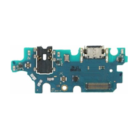 A blue circuit board featuring a charging port and related components for a Samsung A135 mobile device.