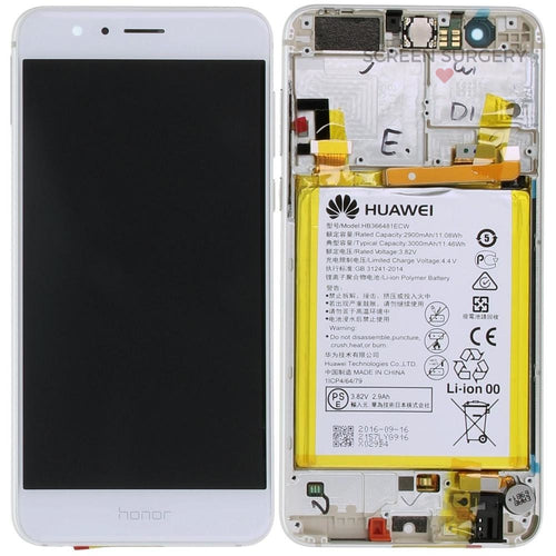 LCD Touchscreen With Front Cover, Speaker, Light Sensor, Battery, Vibra Motor - White, Huawei Honor 8 White